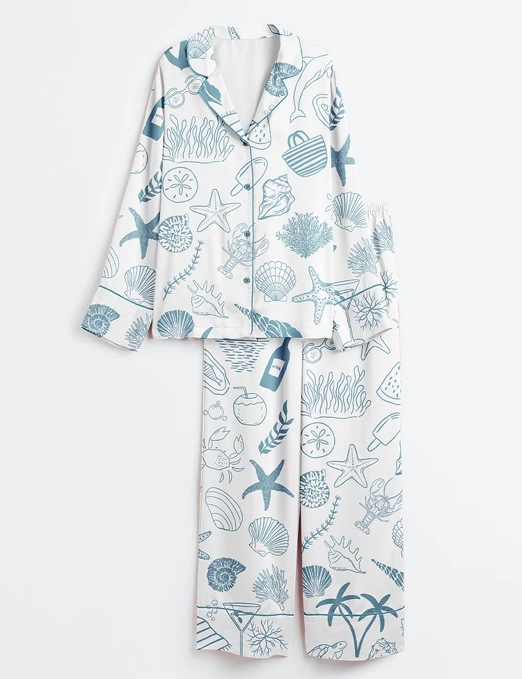 Women&rsquo;s Coastal Hand Drawn Beach Ocean Elements Summer Nautical Print Long Sleeve Satin Pajama Set
