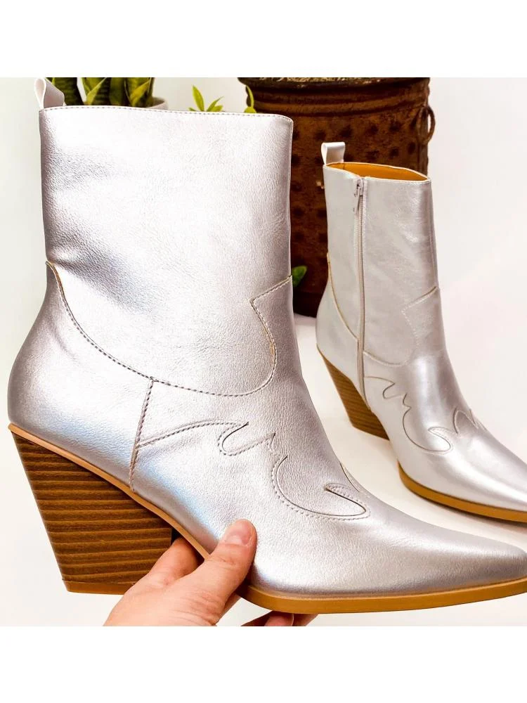 Metallic Silver Chunky Heeled Cowgirl Ankle Boots Pointed Toe Zip Western Booties