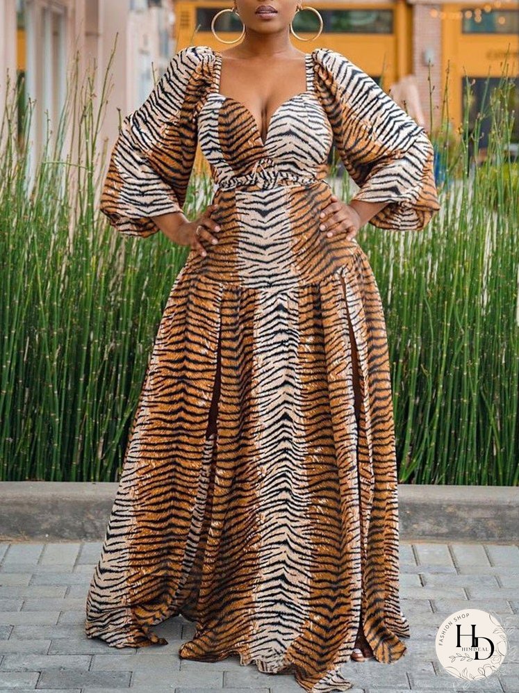 Dresses Leopard Print Deep V Neck Long Sleeve Slit Dress for Women
