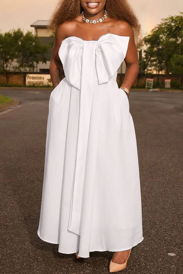 Solid Color Bow Decor Strapless Romantic Midi Dress