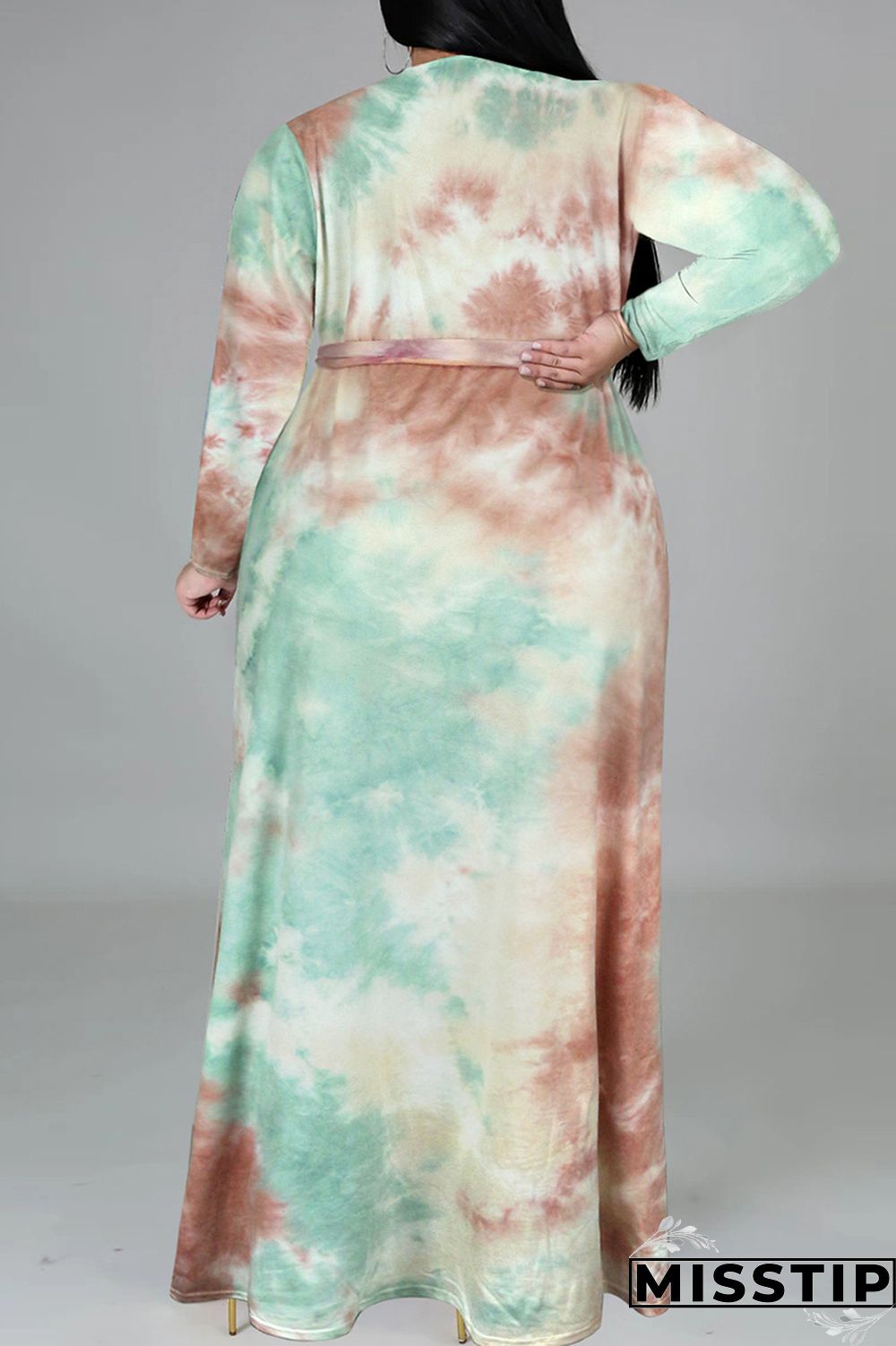 Cyan Fashion Casual Tie Dye Printing V Neck Long Sleeve Plus Size Dresses