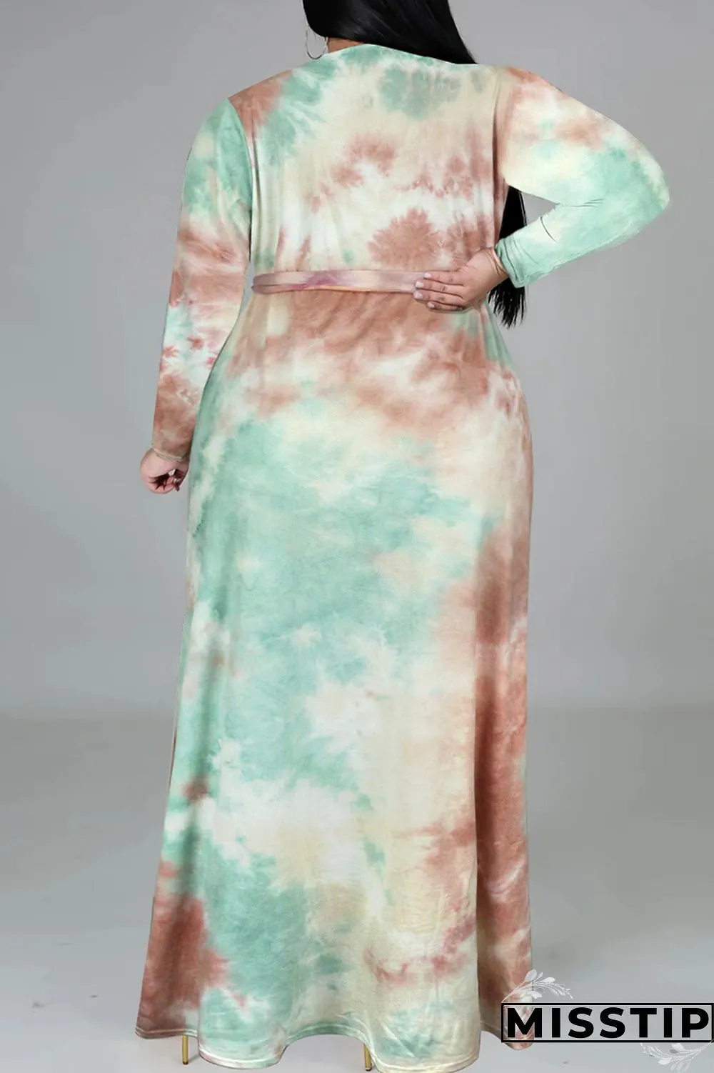 Cyan Fashion Casual Tie Dye Printing V Neck Long Sleeve Plus Size Dresses
