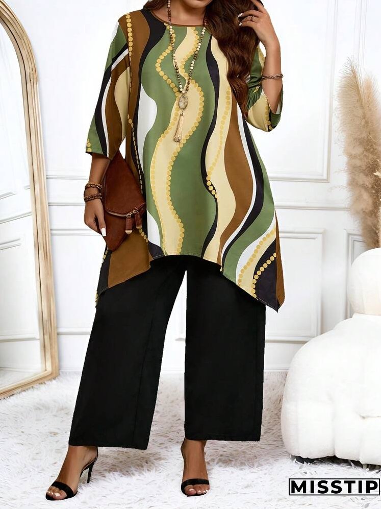 2pcs Plus Size Women Full Print Crew Neck Top With Asymmetric Hem & Solid Color Pants, Casual Set