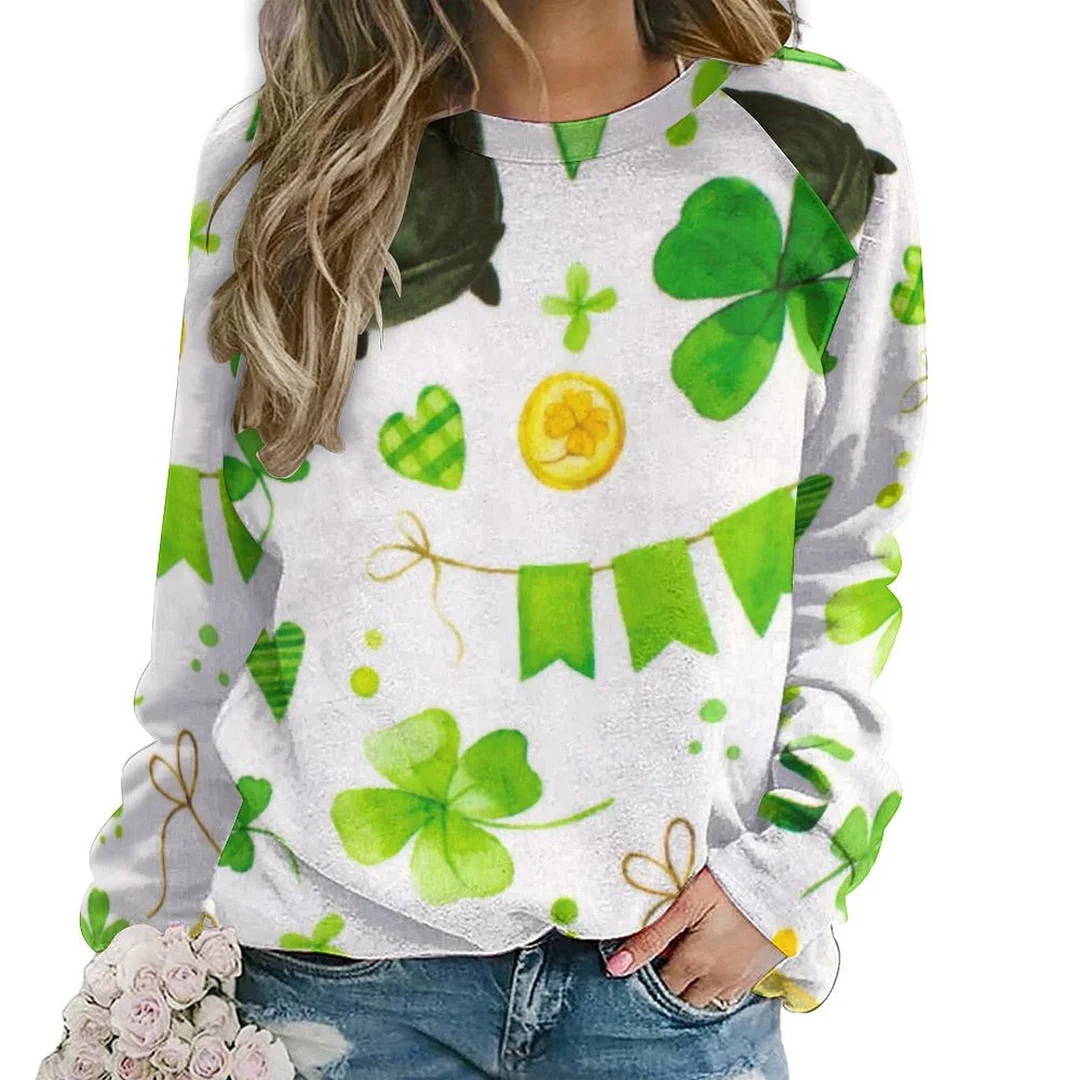 Printed Long Sleeve Casual Sweatshirt for  Women and Men Unisex Pattern St. Patrick's Day, Green, Clover, Lucky