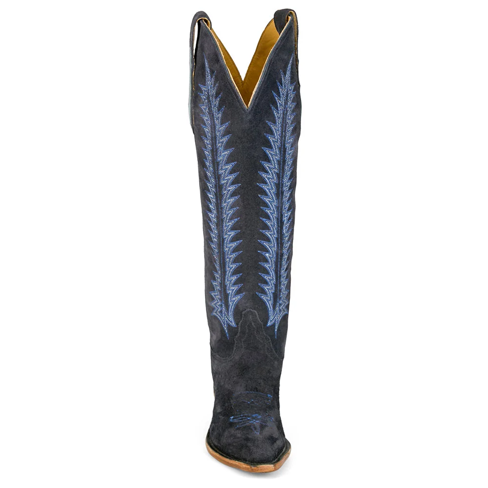 Dark Navy Vegan Suede Chunky Heel Embroidered Western Knee High Boots