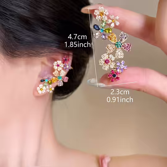 1对时尚彩色派对花朵设计，人造玻璃镶嵌，高端感，小众设计，独特美观，夸张优雅气质女士度假/舞会耳骨夹，全耳环 商品详情 7
