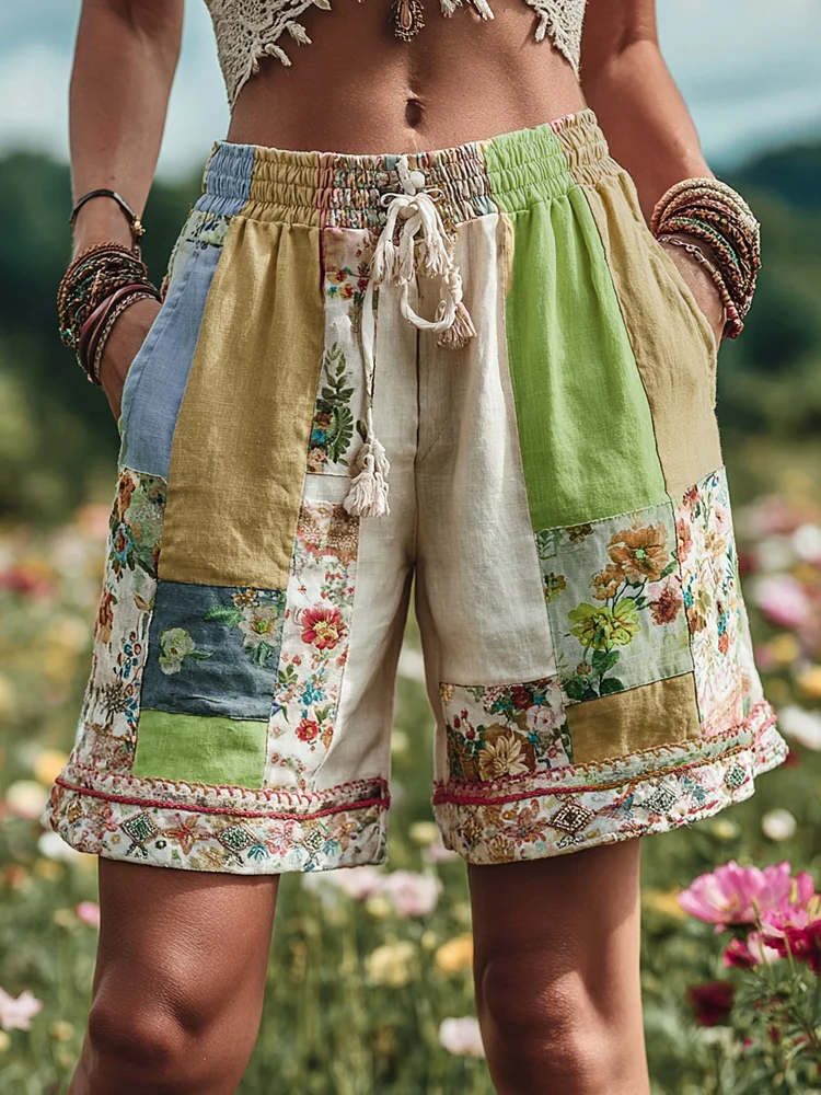 VChics Women's Patchwork Floral Contrast Waist Drawstring Pocket Shorts