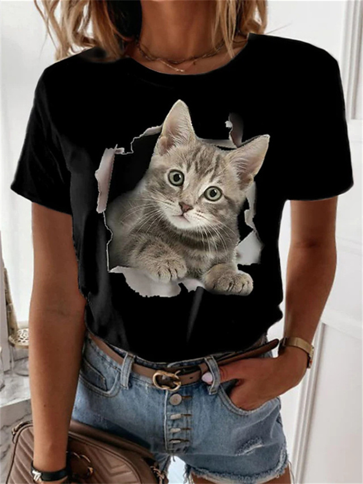 Women's Round Neck Top Cat Digital Print Women's Short-sleeved T-shirt Black White Pink Blue Yellow