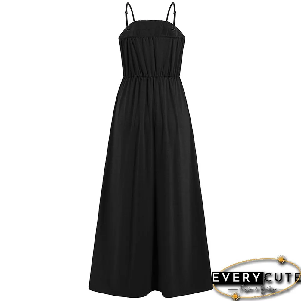 Black Spliced Lace Trim Spaghetti Straps Dress