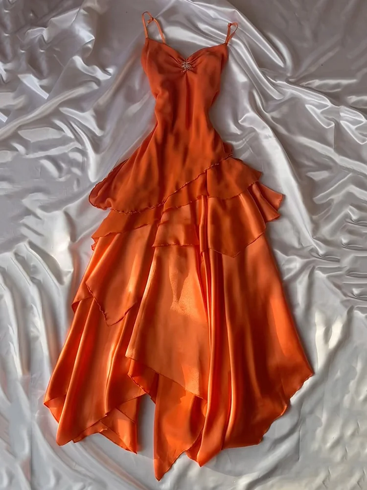 Flower Rhinestone Ruffled Sleeveless Spaghetti-Neck Satin Maxi Dresses Fairytale Drexss