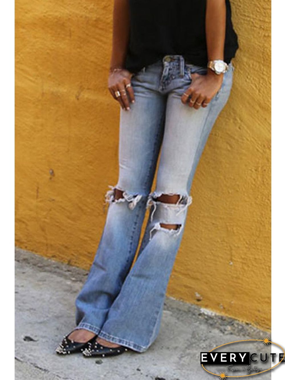 Low Waist Ripped Casual Flared Jeans P13422