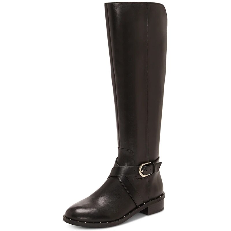TAAFO Black Rivets Knee- High Boots Woman Low Chunky Heel Round Toe Ladies Fall Shoes Buckle 