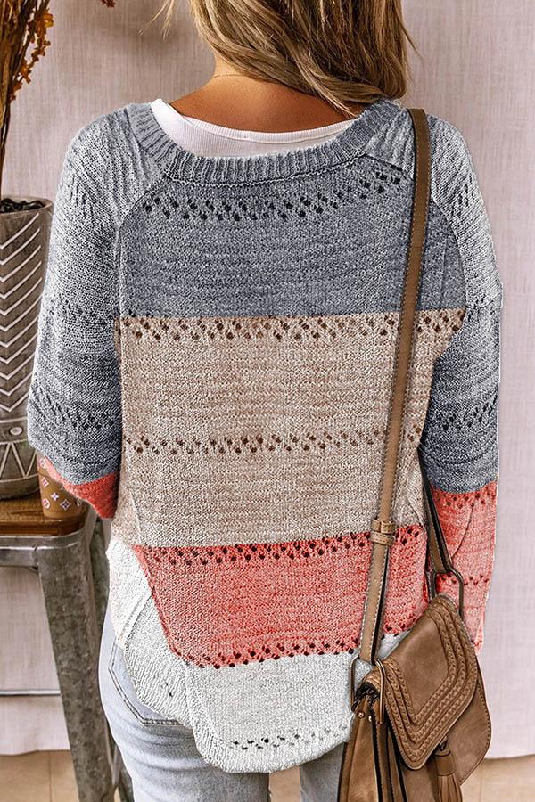 Holiday Striped Jacquard Color-block Knitted Hollow Out Buttons Down