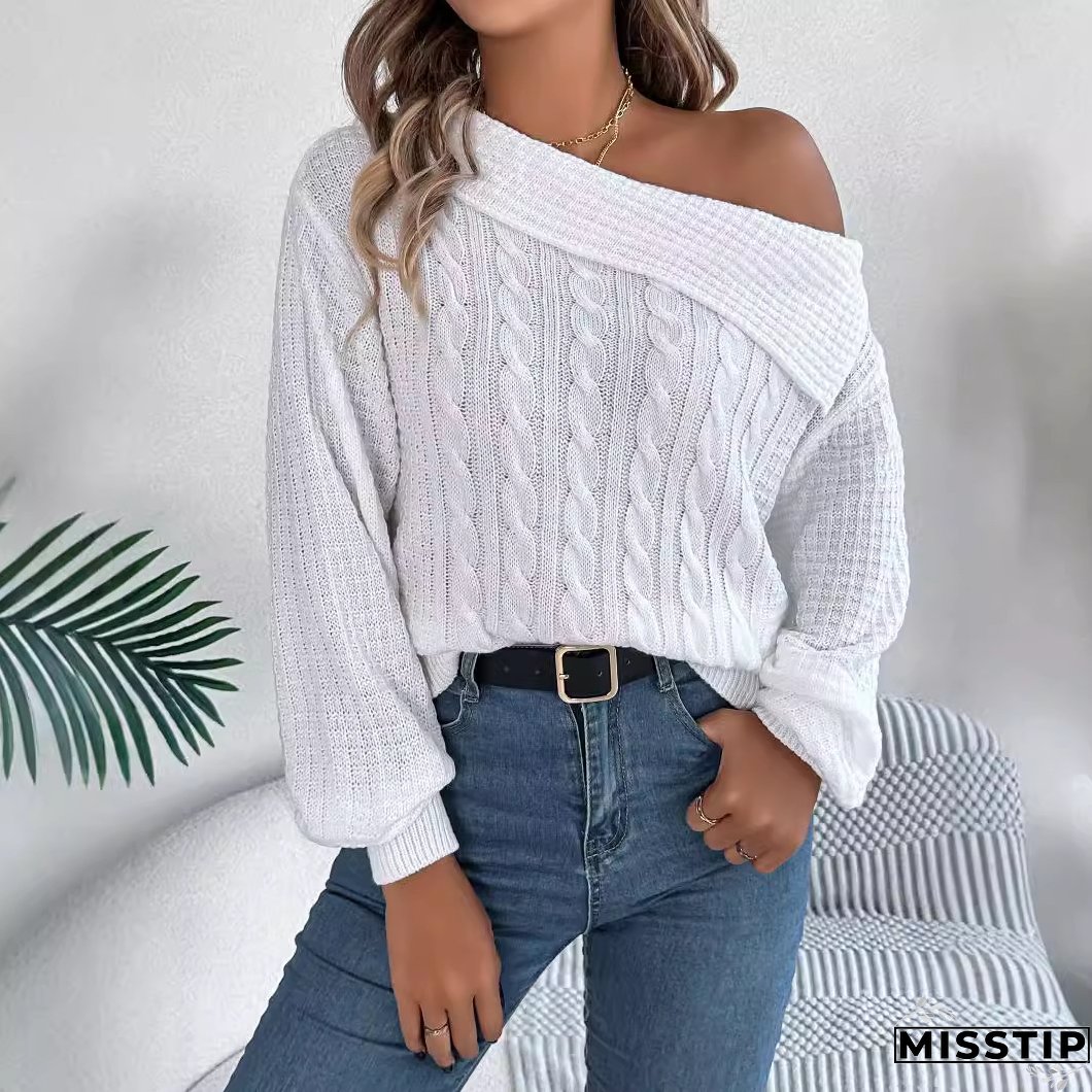 Autumn and winter casual sexy Turndown Collar off-shoulder twisted long-sleeved pullover sweater