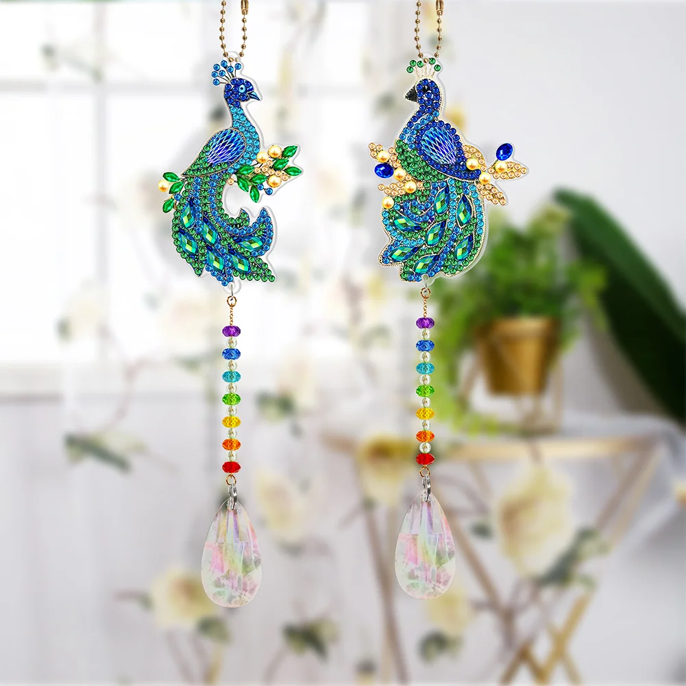 2pcs DIY Diamond Painting Sun Catcher Pendant - Peacock