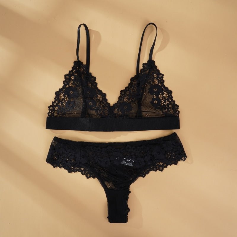 Sexy Lingerie Set Ultra Thin Black Bra Set Lace Underwear Femme Transparent Push Up Bra and Panty Set Floral Thong Bras Set