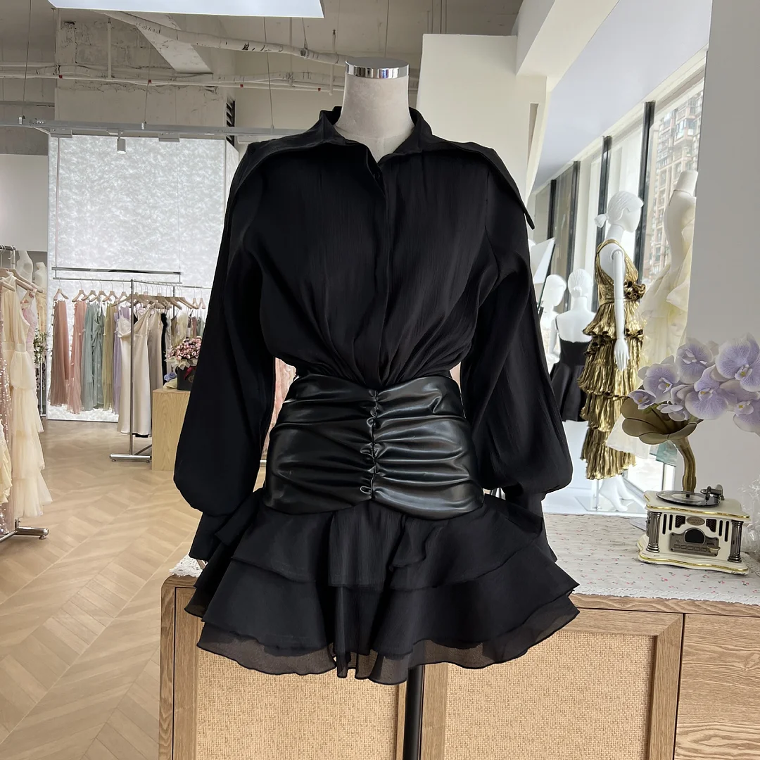 Zingj Popular Street Pats Light Luxury Niche Fake Two Splicing Folded Waist Sealing Lotus Leaf Side Shirt Dress