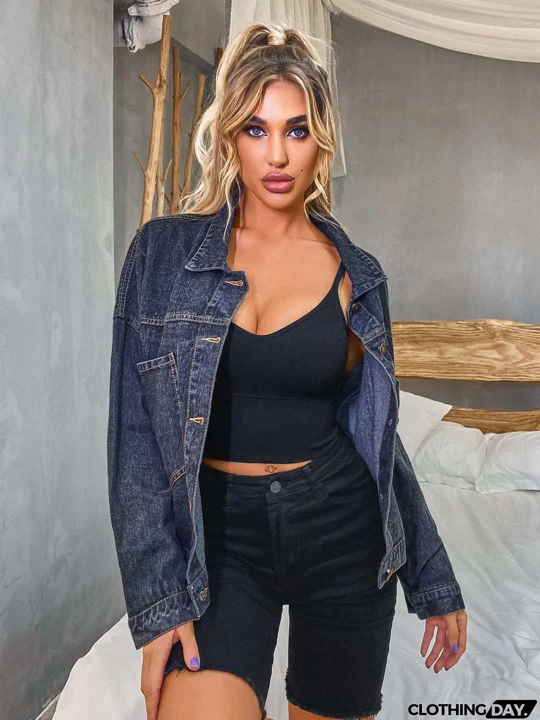 Collared Neck Dropped Shoulder Denim Jacket