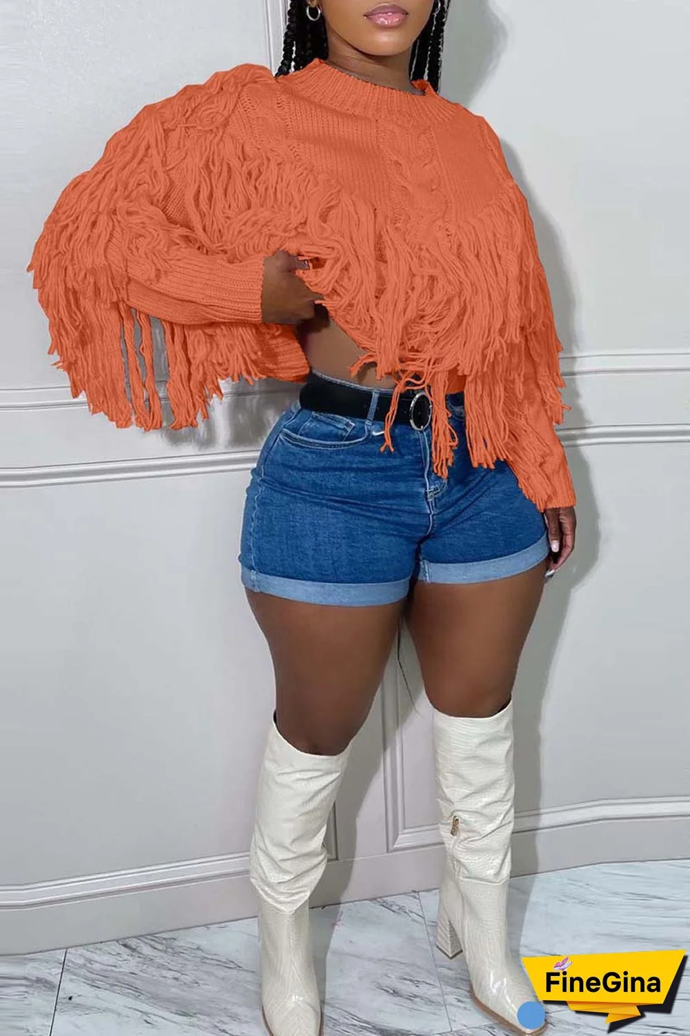 Pink Casual Solid Tassel O Neck Tops