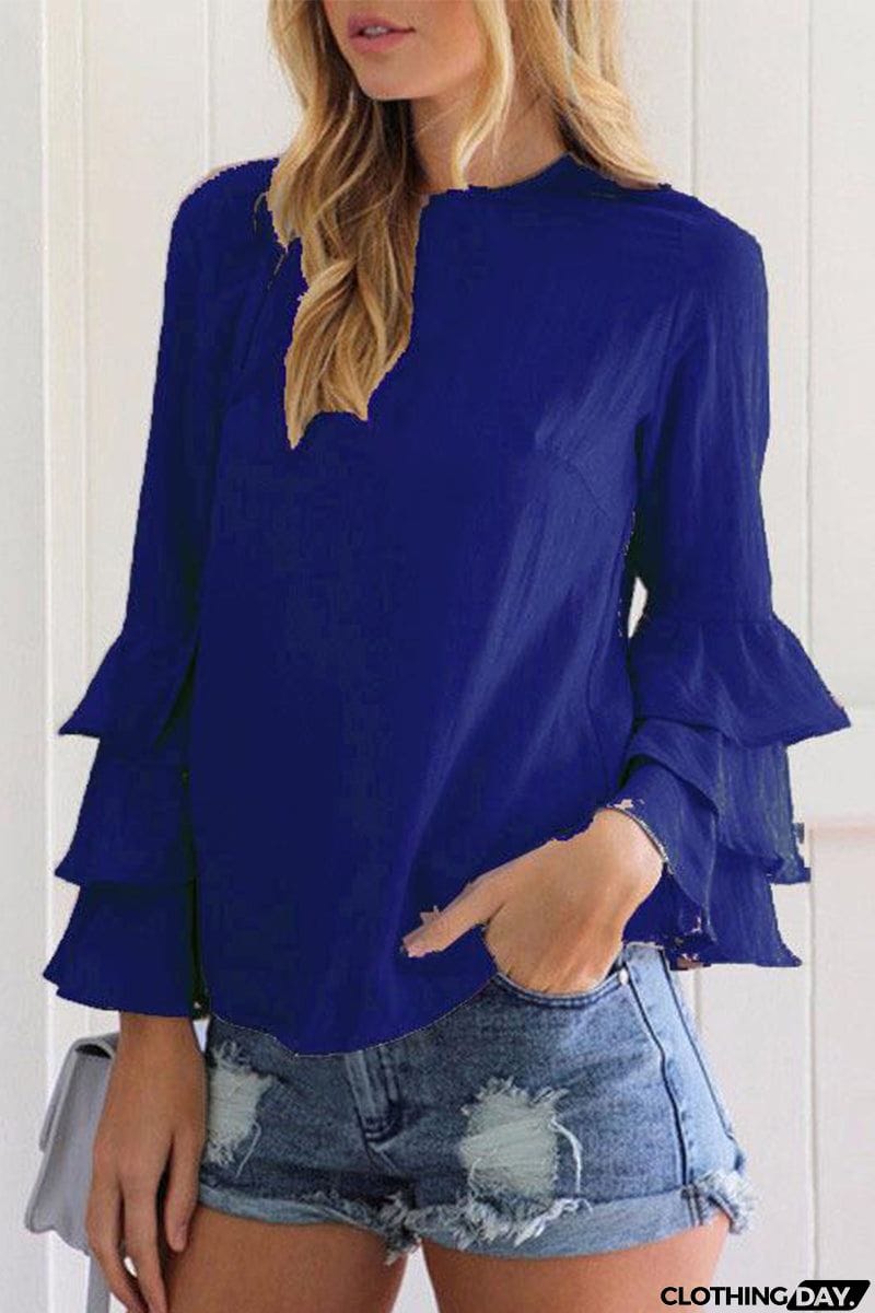 Casual Solid Flounce O Neck Tops(9 Colors)