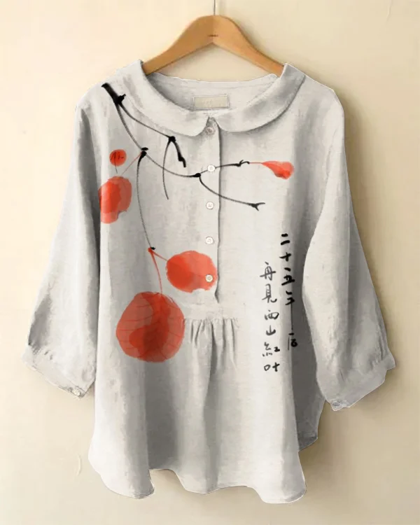 Vintage Long Sleeve Cute Peter Pan Collar Art Print Shirt