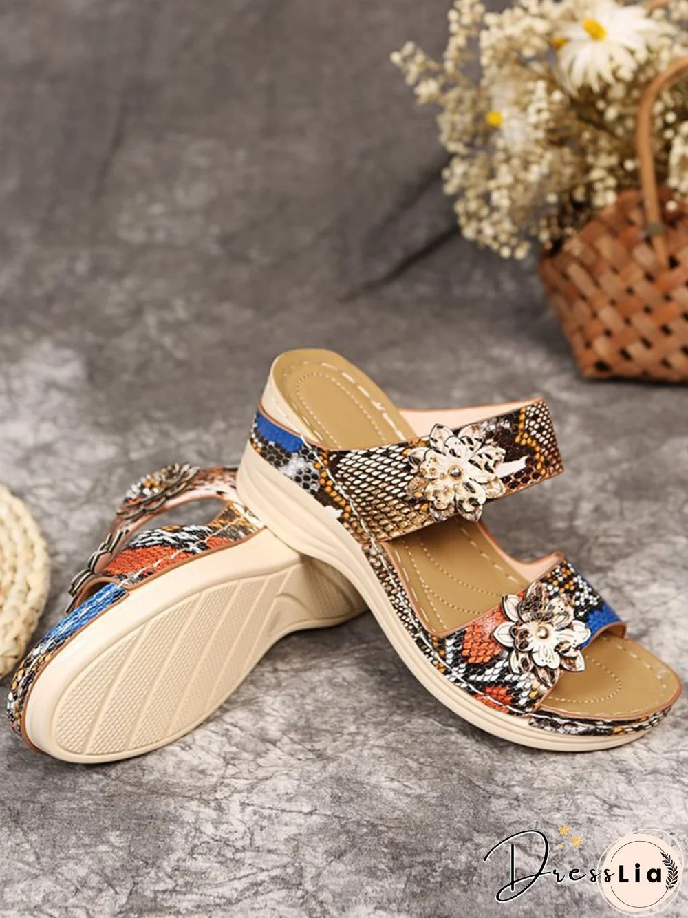 3D Floral Snake Print Wedge Sandals Slippers