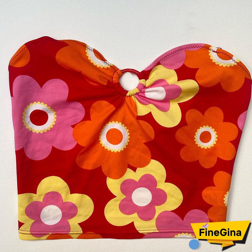 Flower Printing V-Neck Lace-Up Midriff Crop Tops Summer Women Casual Wild Home Clothing Streetwears