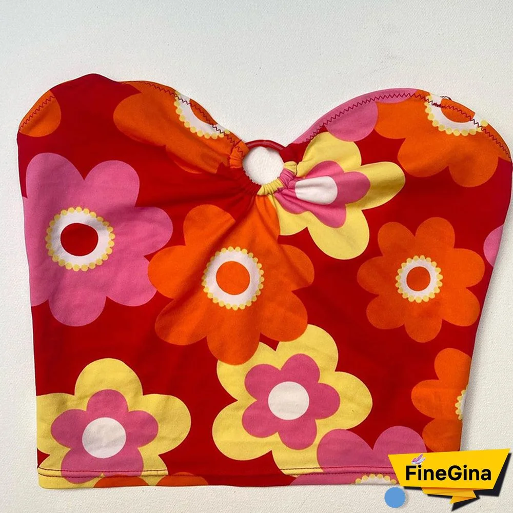 Flower Printing V-Neck Lace-Up Midriff Crop Tops Summer Women Casual Wild Home Clothing Streetwears