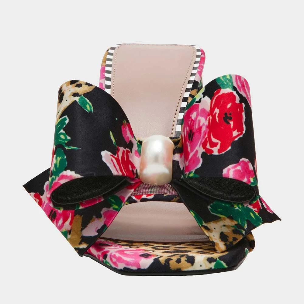 Multicolor Square Toe Chunky Heel Floral Leopard Print Bow Mules Shoes