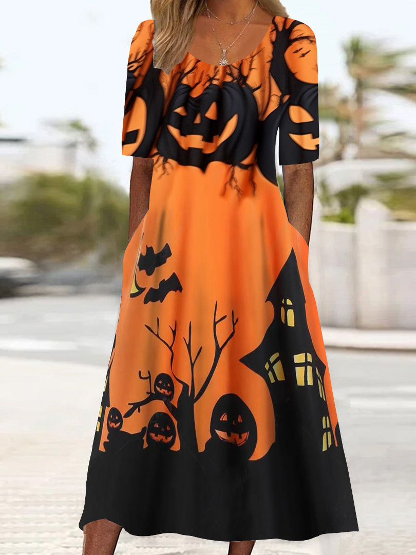 Women's Half Sleeve Scoop Neck Graphic Halloween Pockets Midi Dress