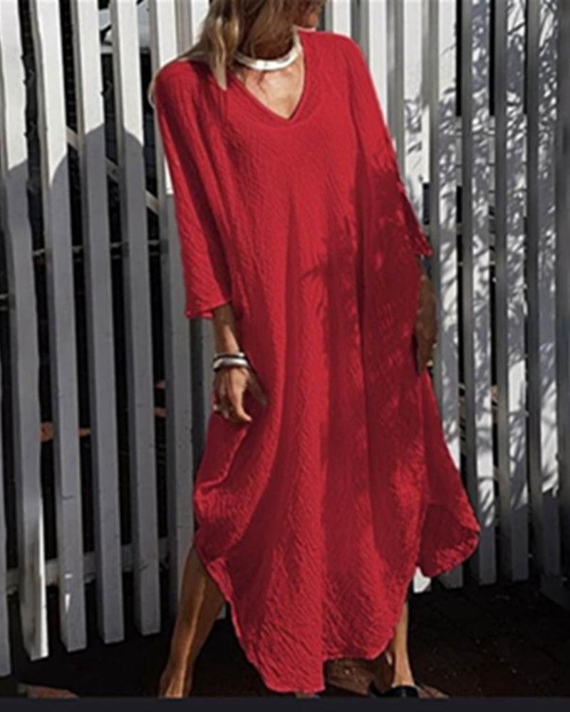 V-neck Cotton Hemp Size Midi Dress