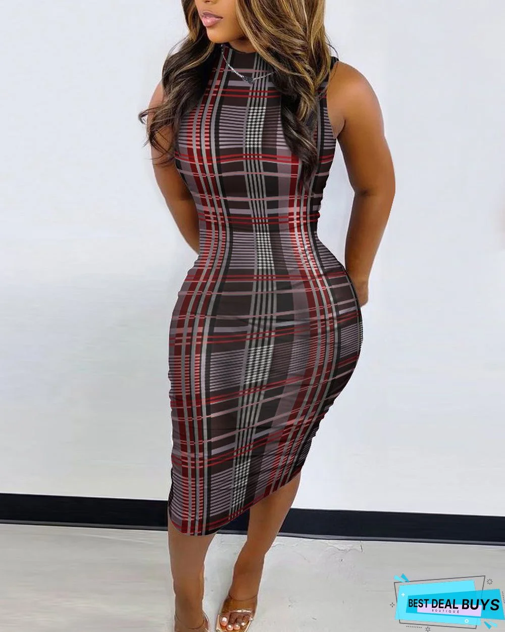 Sleeveless Print Dress Slim Fit Pullover Round Neck Medium Length Dress