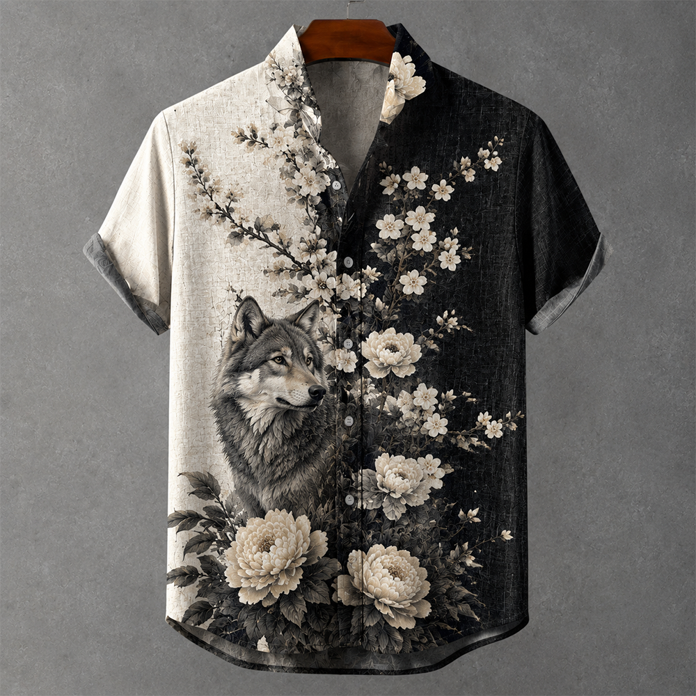 Men's Artistic Black & White Split Wolf & Peony Flower Print Short-sleeve Shirt  artssus