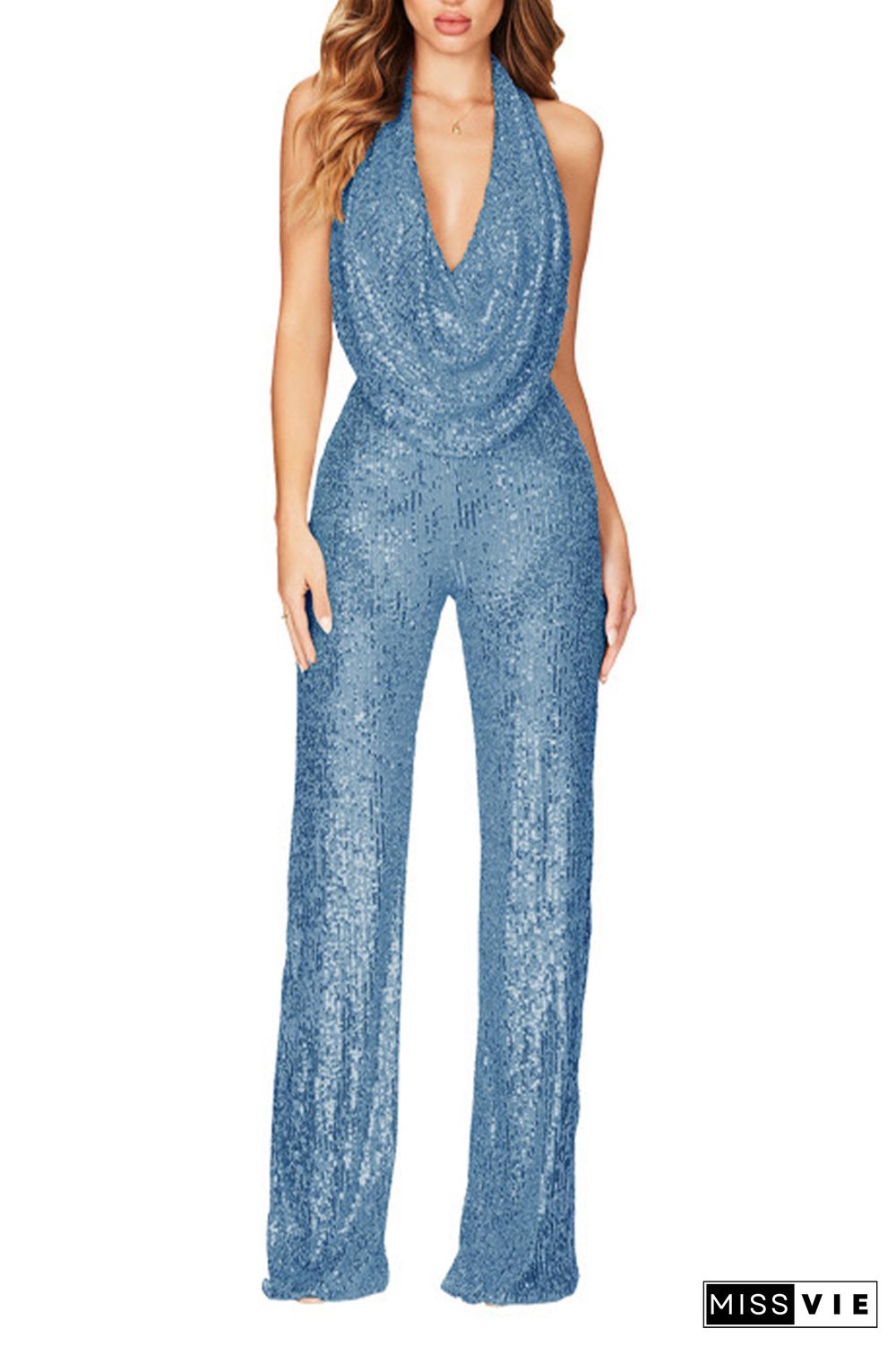 Sleeveless Halter Sequin Glitter One Piece Jumpsuit