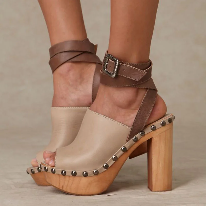 Nude Heeled Clogs Peep Toe Ankle Wrap Studs Platform Sandals