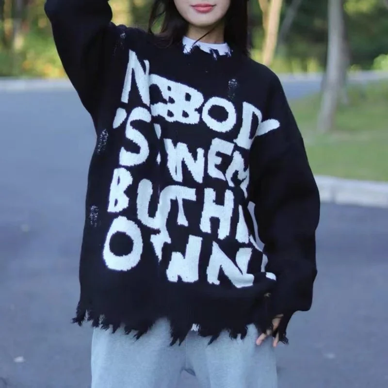 Toloer Toloer Hole Sweater Female 2024 New Design Sense Small Letter Loose Medium Long Long Sleeve Knit Top Tide-Outfit Ideas