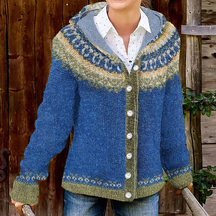 Iceland Wave Print Hooded Button Knit Cardigan