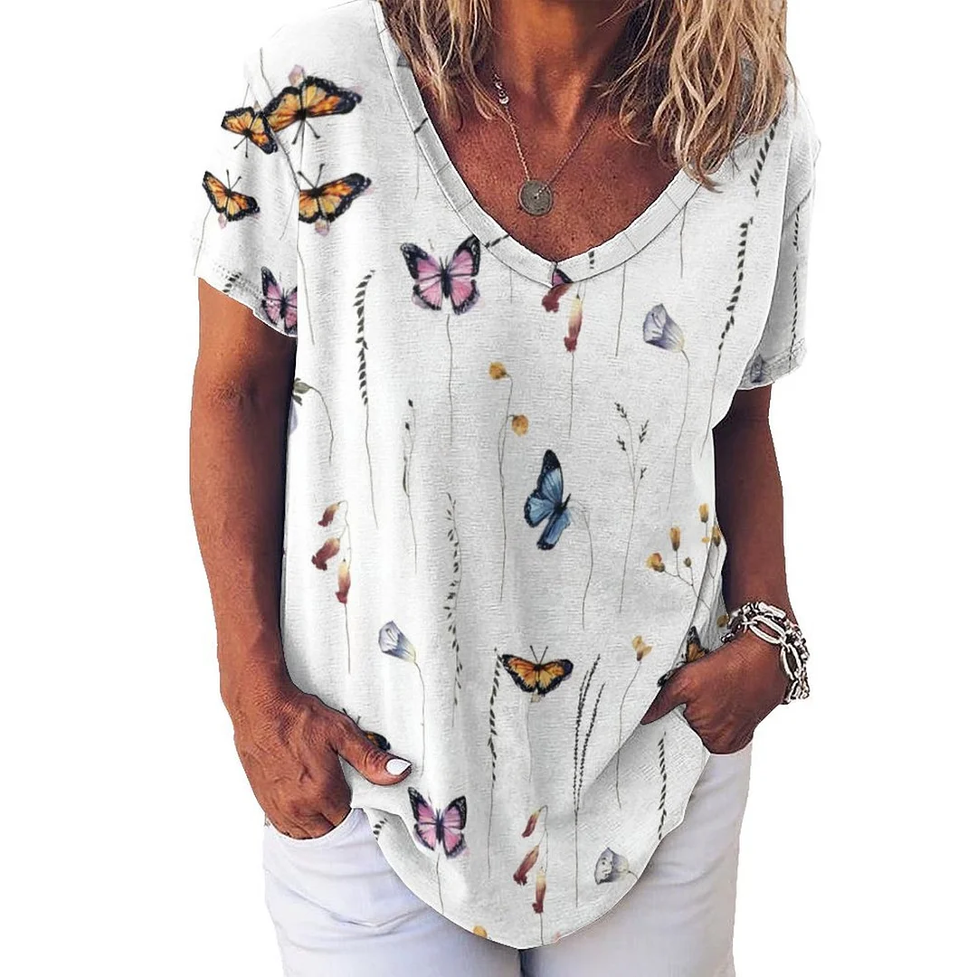 V-neck Short Sleeve Casual T-shirt for  Women Printed with Pattern Floral, Yellow, Butterfly