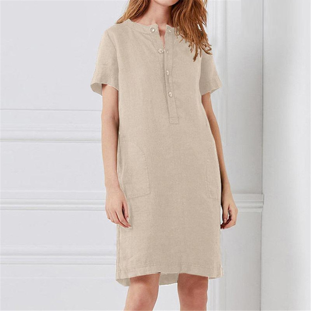 Plus Size Women Button Cotton Solid Linen Long Maxi Dress