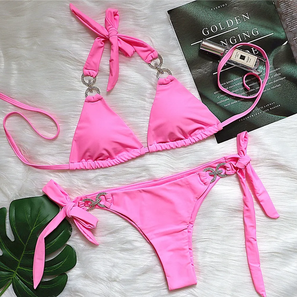 Brownm Brownm New Swimsuit Sexy Crystal Diamond Solid Color Strap Bikini Beach Vacation Swimsuit Woman