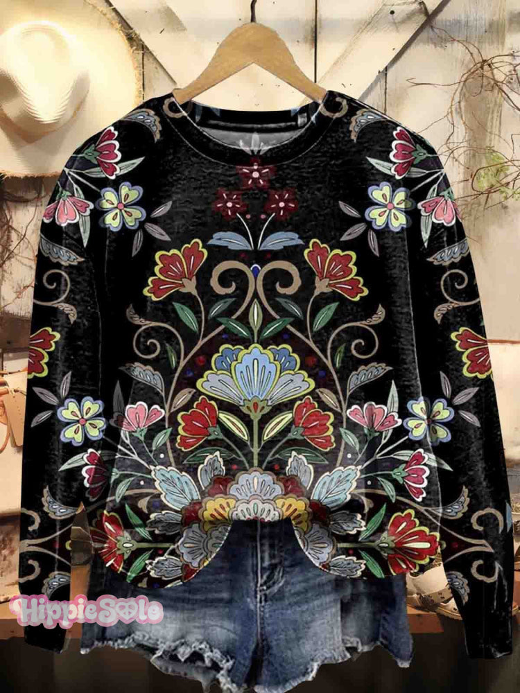 Women’s Vintage Floral Art Pattern Print Casual Crew Neck Sweatshirt Multicolor / S