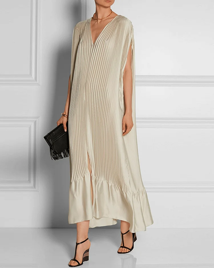 Pleated V-neck split straight oversize robe dress