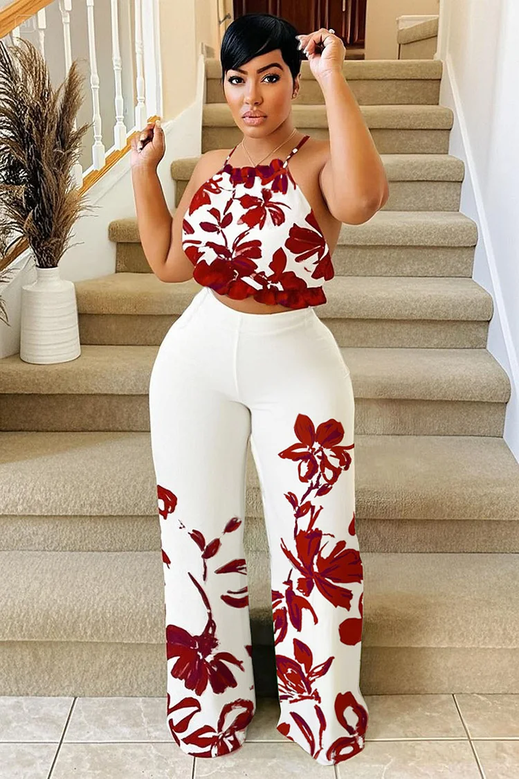 Floral Placement Print Halter Top Wide Leg Pants 2pcs Set-White [Pre Order]