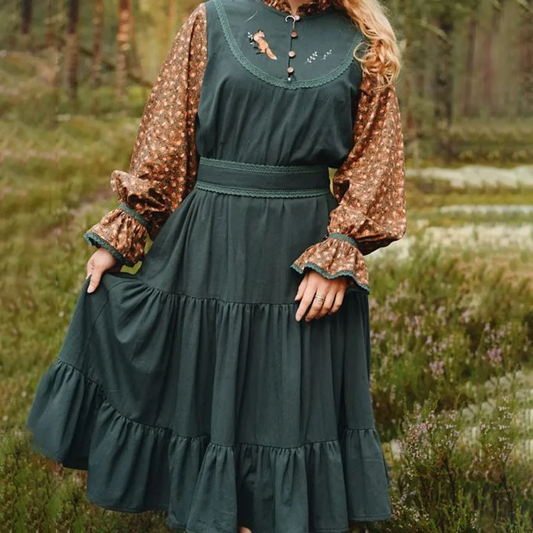 🔥kukelife🔥Vintage Fox Embroidery Cotton Linen Comfy Maxi Dress