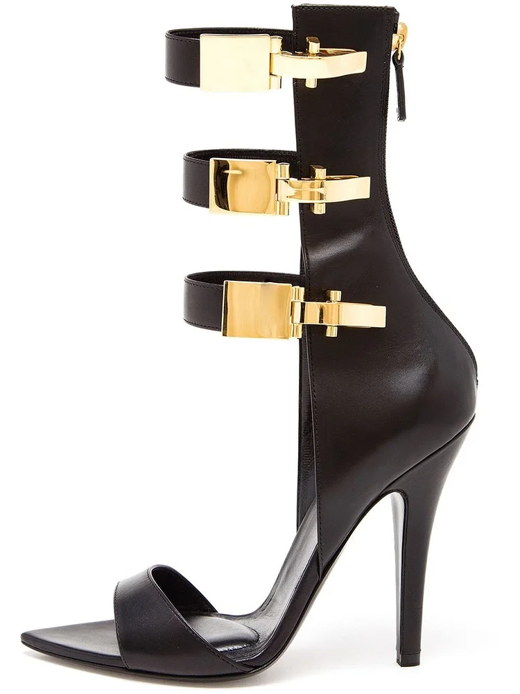 Black Triple Buckle Stiletto Heel Sandals Vdcoo