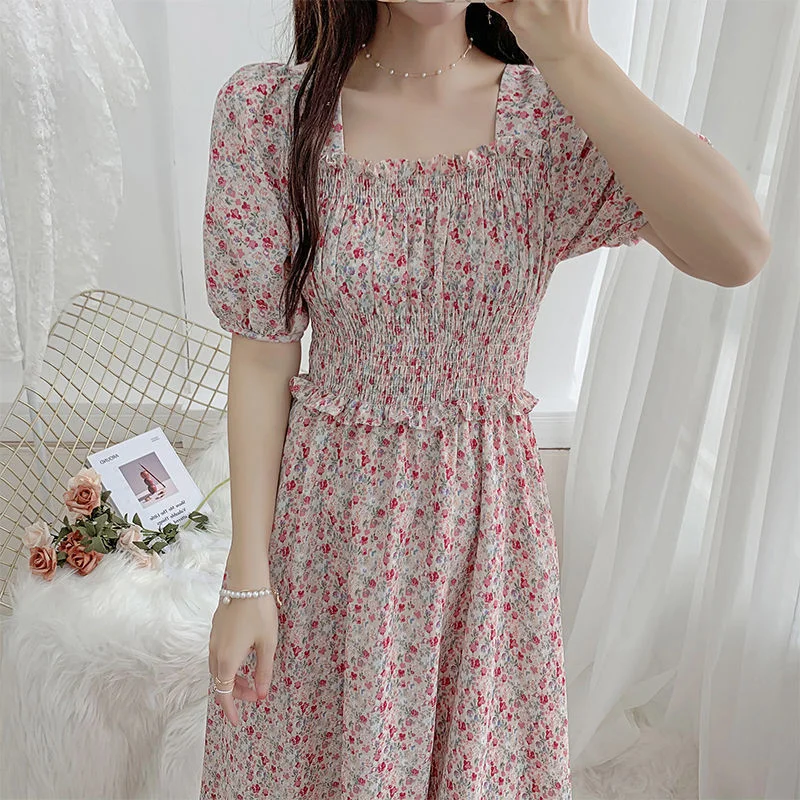 Jangj Collar Mid-calf Dresses Casual Floral Empire Chiffon Pullover Women's Clothing Short Sleeve Summer Printing Comfortable