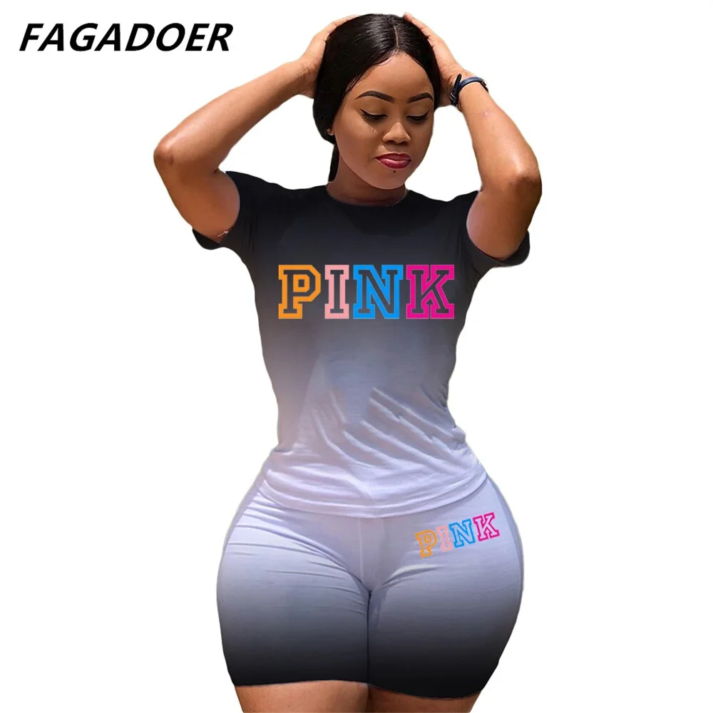 Tie Dye Two Piece Set Women Pink Set Outfits 2 Piece Tracksuit Summer 2021 Letter Print Sweatsuits Casual Sport Biker Shorts Set