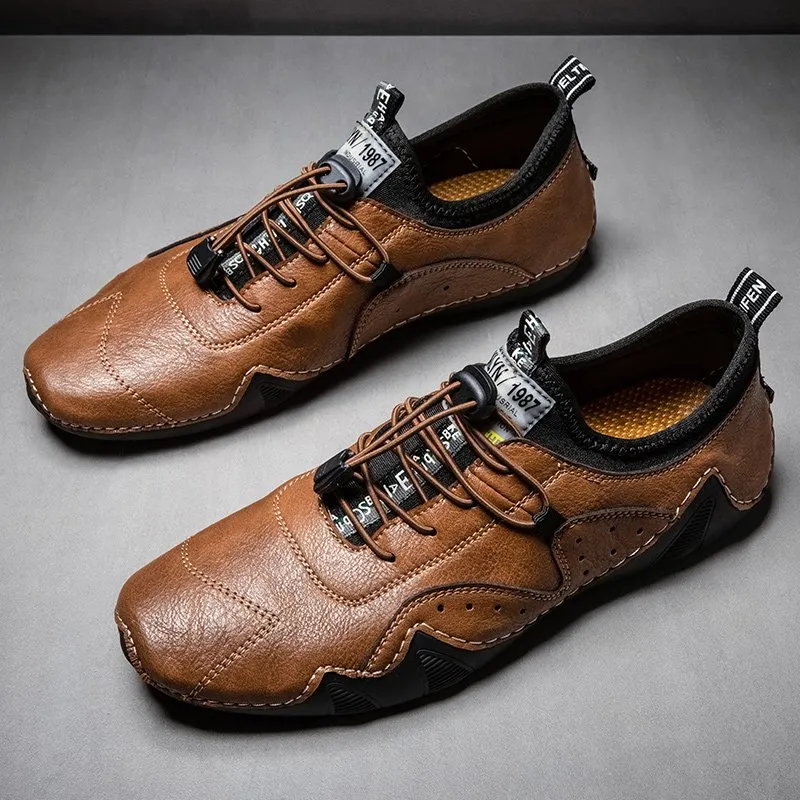 Men's Leather Breathable Handmade Soft Casual Driving Shoes Elastic Band Loafers