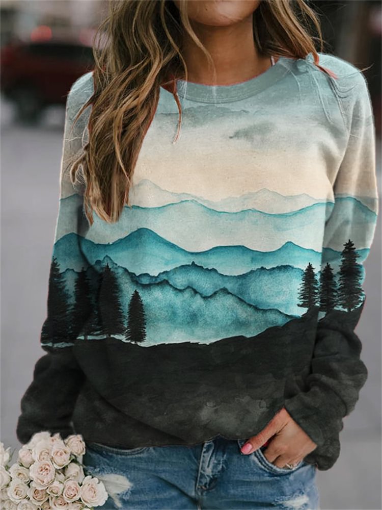 Vefave Mountains Lanscape Watercolor Art Sweatshirt