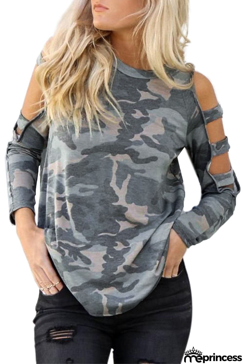 Camouflage Shoulder To Hollow Out Long Sleeve Top